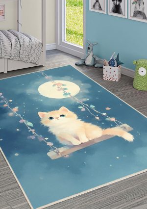 فرش ماشینی اتاق کودک اورکوم طرح گربه کد kids_9013