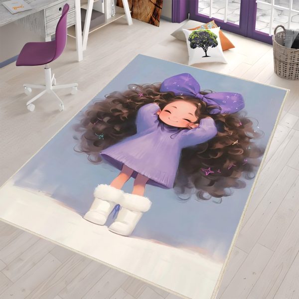 فرش ماشینی اتاق کودک اورکوم طرح دختر مو فرفری کد kids_9022